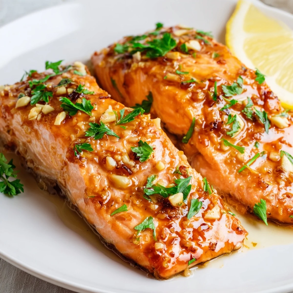 Flaky Baked Salmon with Honey Garlic Glaze, glistening and ready to enjoy with fresh herbs.