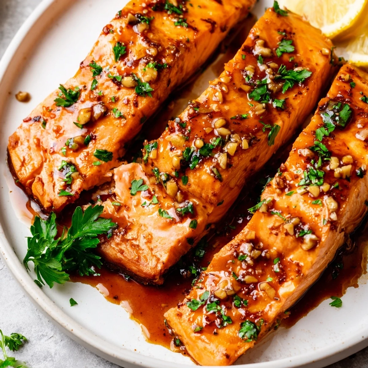 Golden, glazed Baked Salmon with Honey Garlic pairs perfectly with lemon wedges for a light meal.