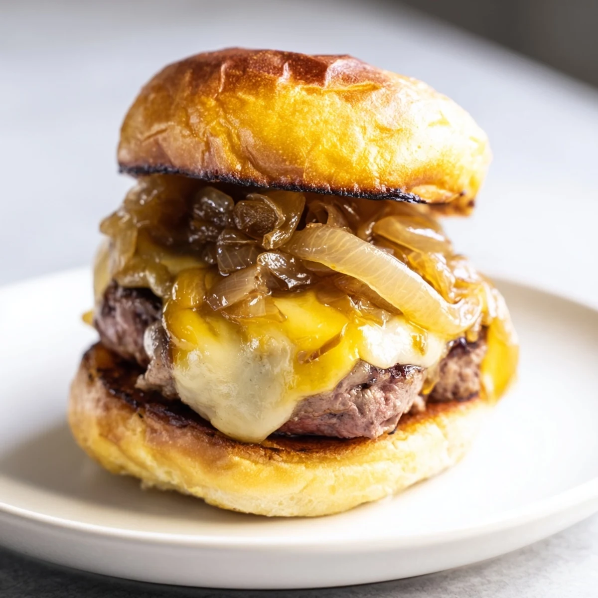 Close-up of juicy Beef Sliders with Caramelized Onions and melted cheddar cheese, piled high.