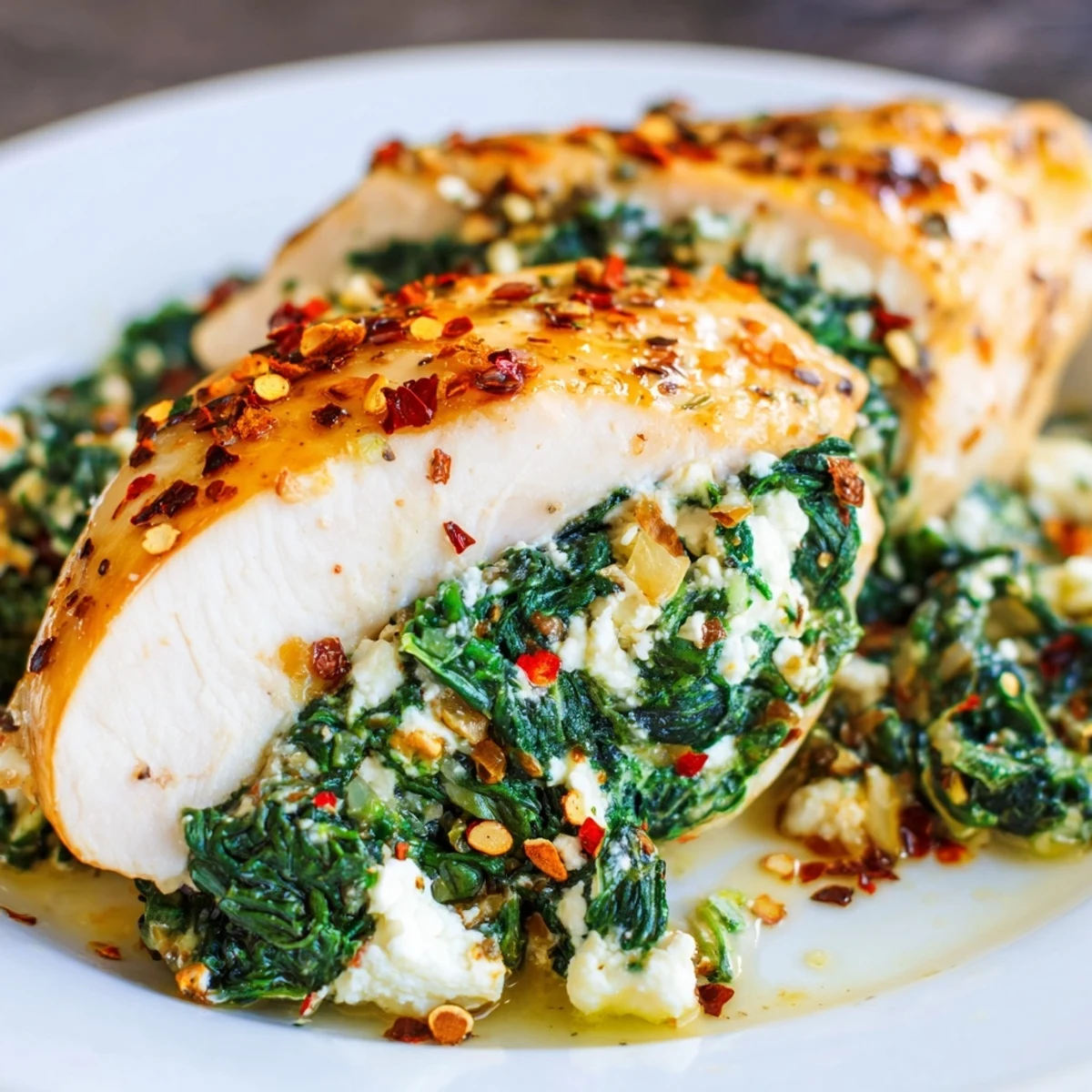 Golden-baked Spinach and Feta Stuffed Chicken Breast, ready to slice with a savory, creamy filling.