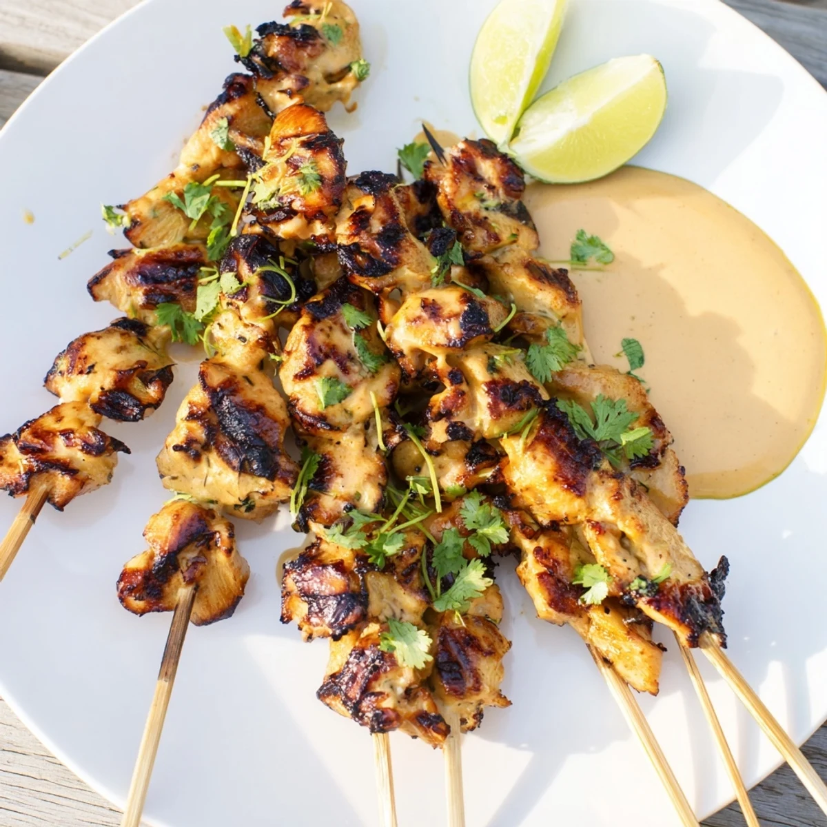 Tender, grilled Chicken Satay Skewers drizzled with flavorful peanut sauce, ready to be enjoyed as a meal.