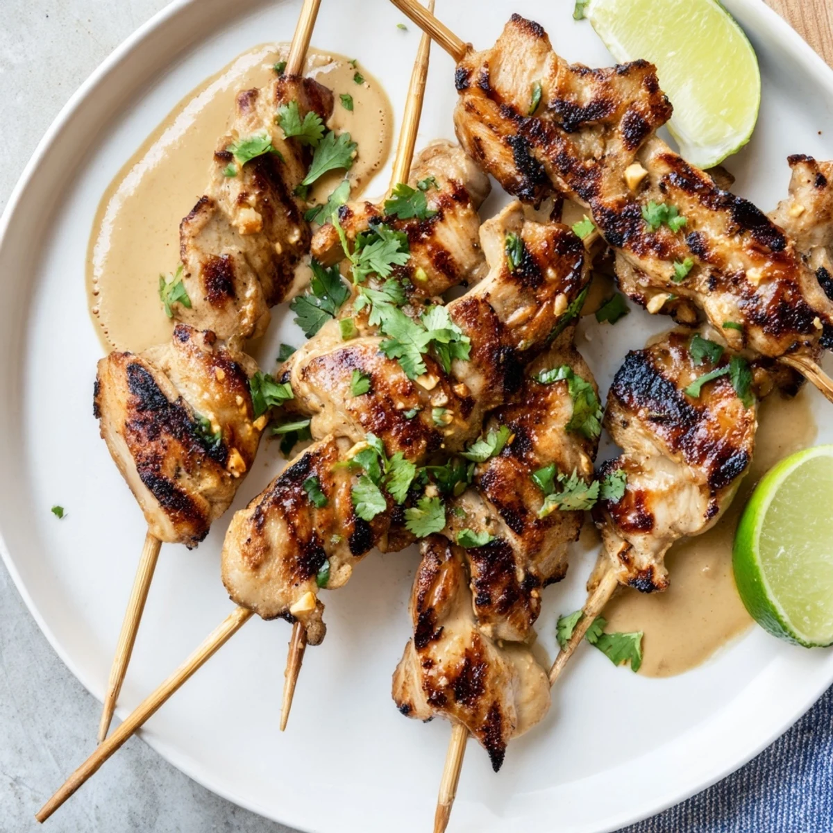 Perfectly charred Chicken Satay Skewers with a side of creamy peanut sauce, ready for dipping and eating.