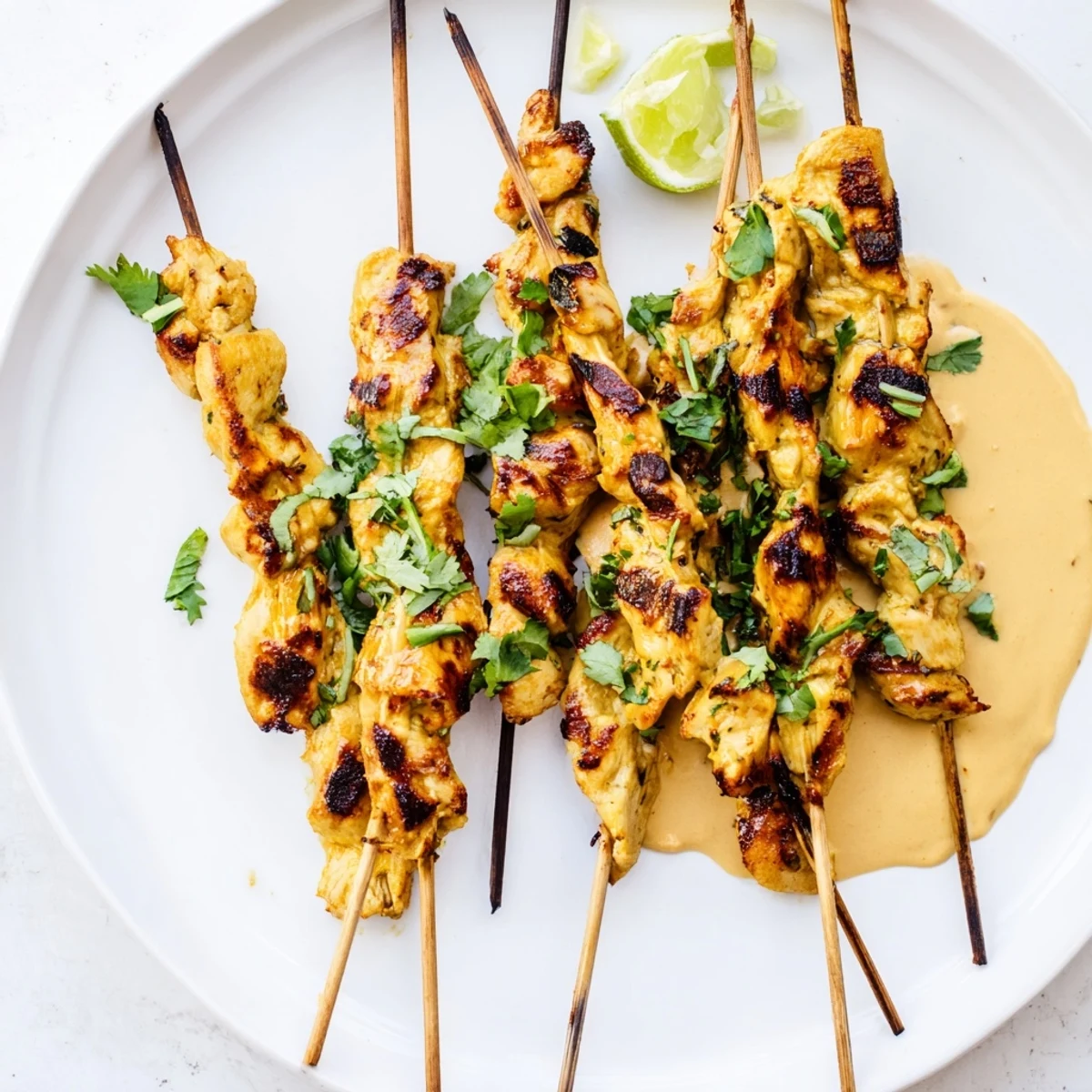 Vibrant photo of sizzling Chicken Satay Skewers, served with fresh cilantro and a rich peanut sauce.
