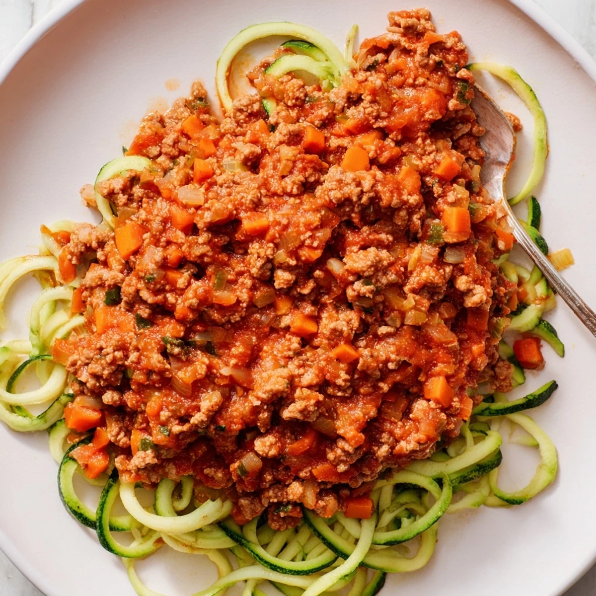 Steaming turkey Bolognese sauce over vibrant green zucchini noodles, ready to savor a delicious meal.
