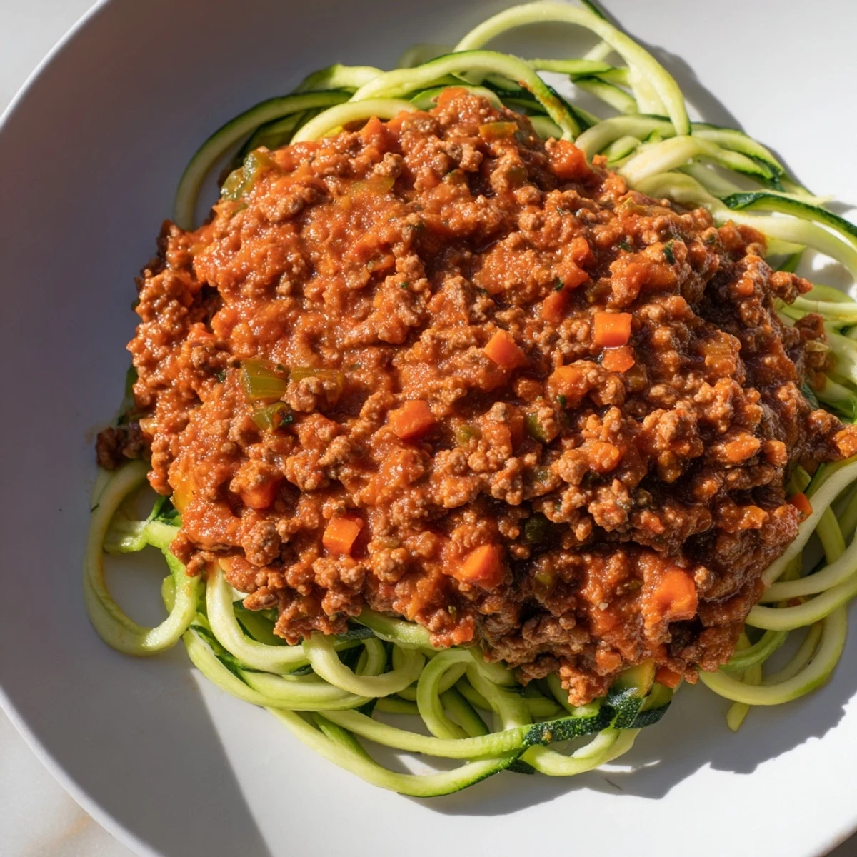 A close-up of hearty, flavorful turkey Bolognese simmering, served atop tender zucchini noodles.