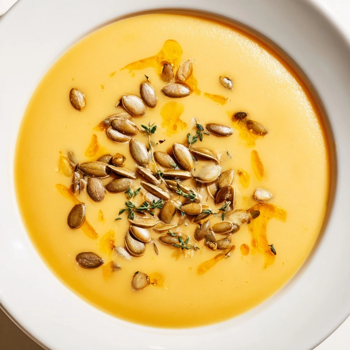 Aromatic, warm pumpkin soup, topped with crispy toasted seeds, ready to savor on a chilly evening.