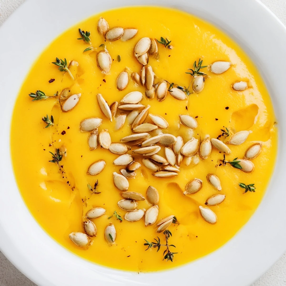 A creamy, smooth bowl of pumpkin soup with a sprinkle of golden toasted seeds.