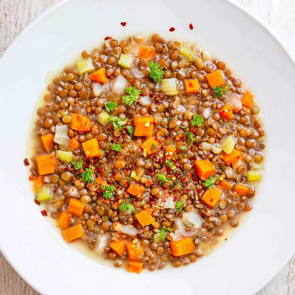 Steaming bowl of Spicy Lentil Soup with carrots and celery, vibrant colors, ready to savor.