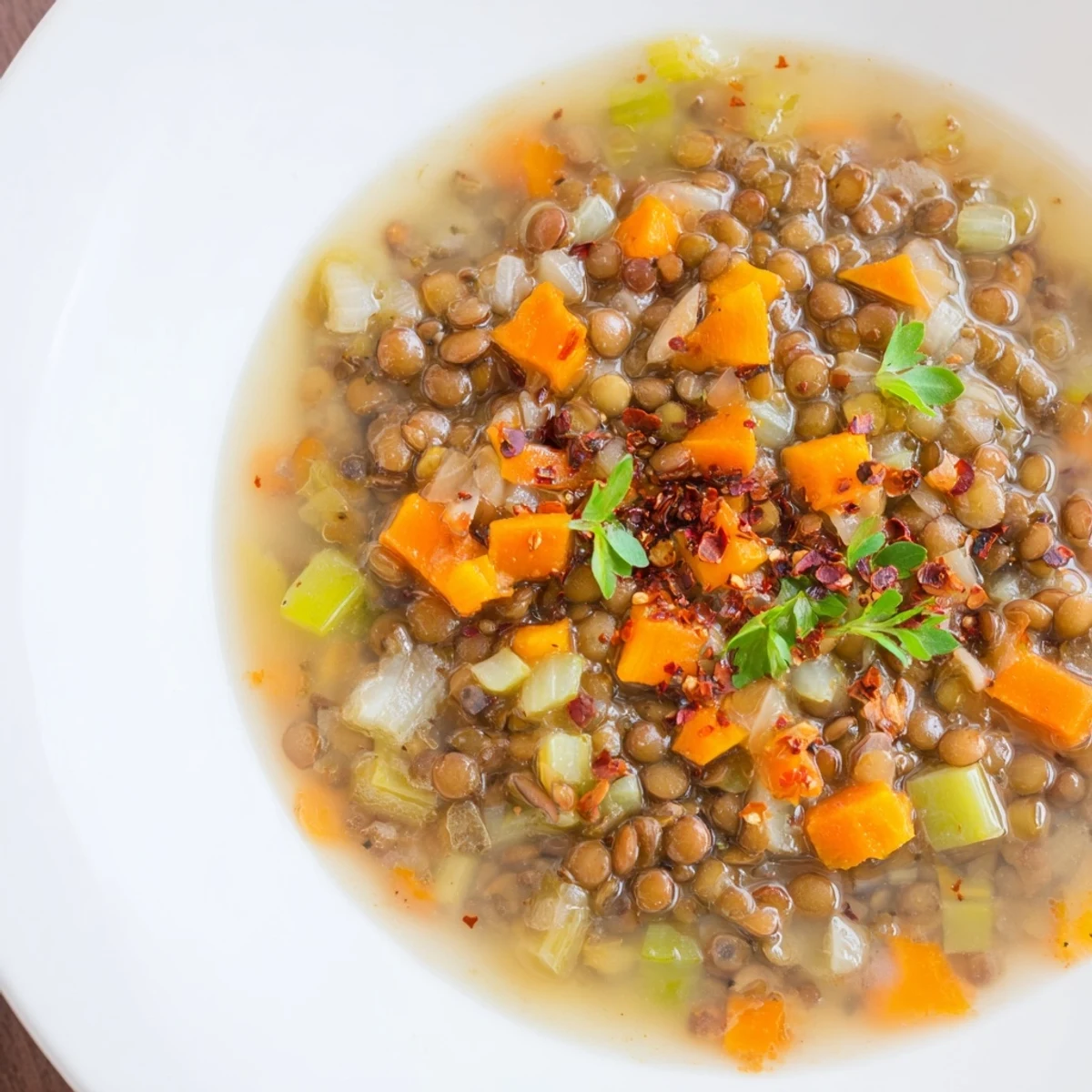 Close-up of Spicy Lentil Soup, full of healthy ingredients with optional cilantro garnish and chili flakes.