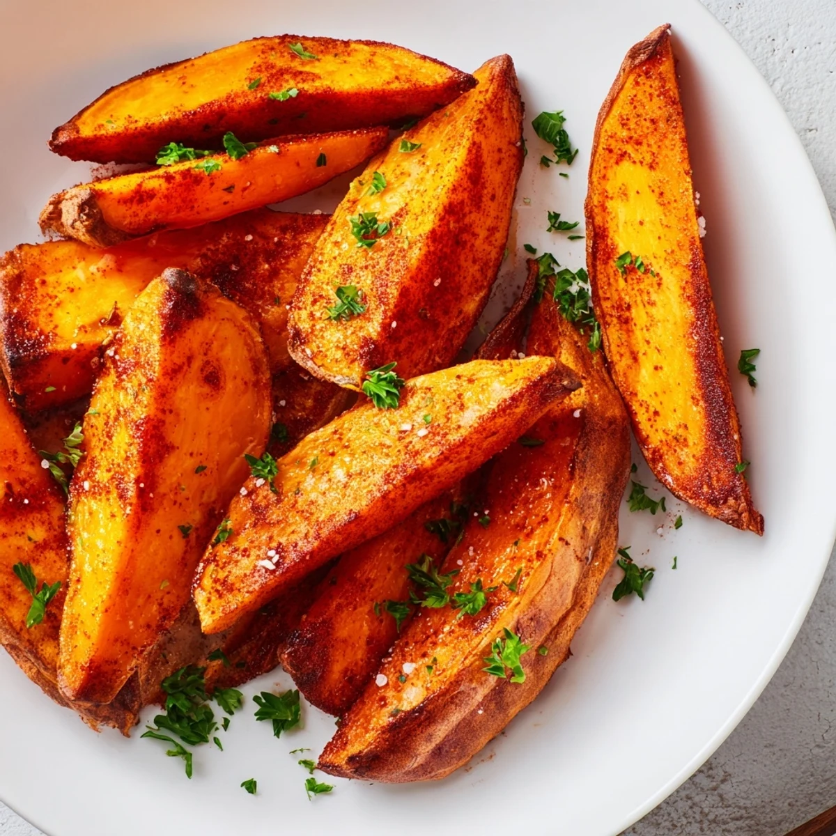 Golden brown roasted sweet potato wedges glistening with paprika, ready to serve and enjoy.