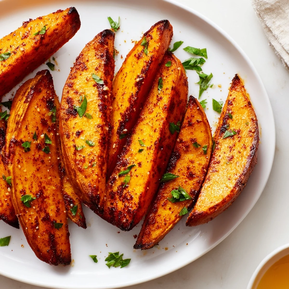 These crispy, flavorful roasted sweet potato wedges are seasoned perfectly for a healthy side.