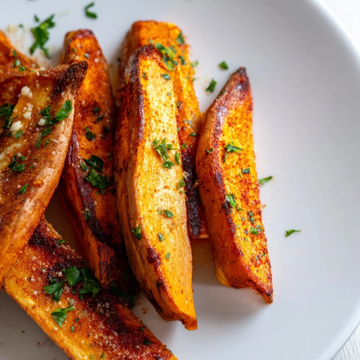 Freshly baked roasted sweet potato wedges, a side dish with vibrant color and inviting aroma.