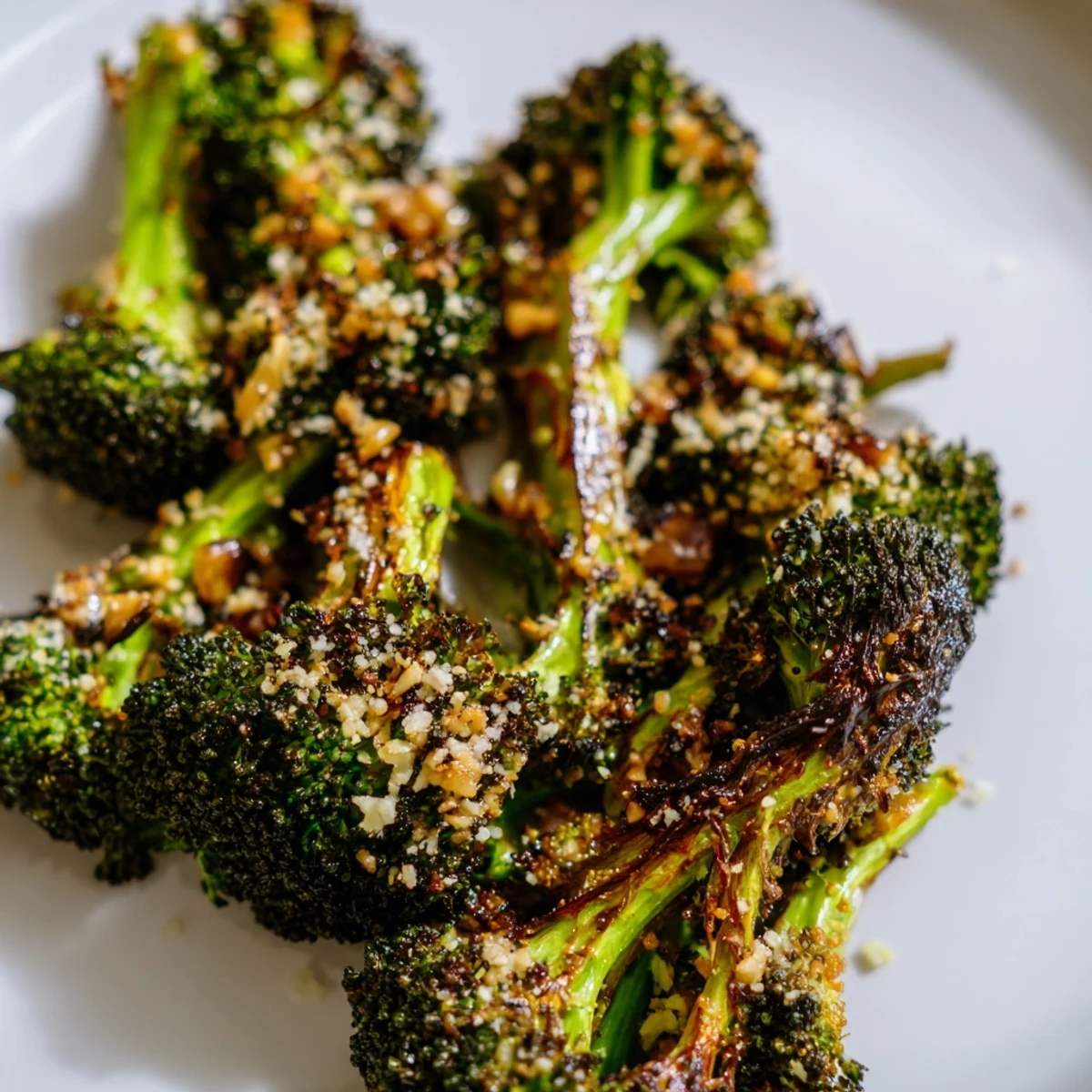Golden roasted broccoli with garlic and Parmesan cheese on a baking sheet, crisp-tender florets with slightly browned edges.