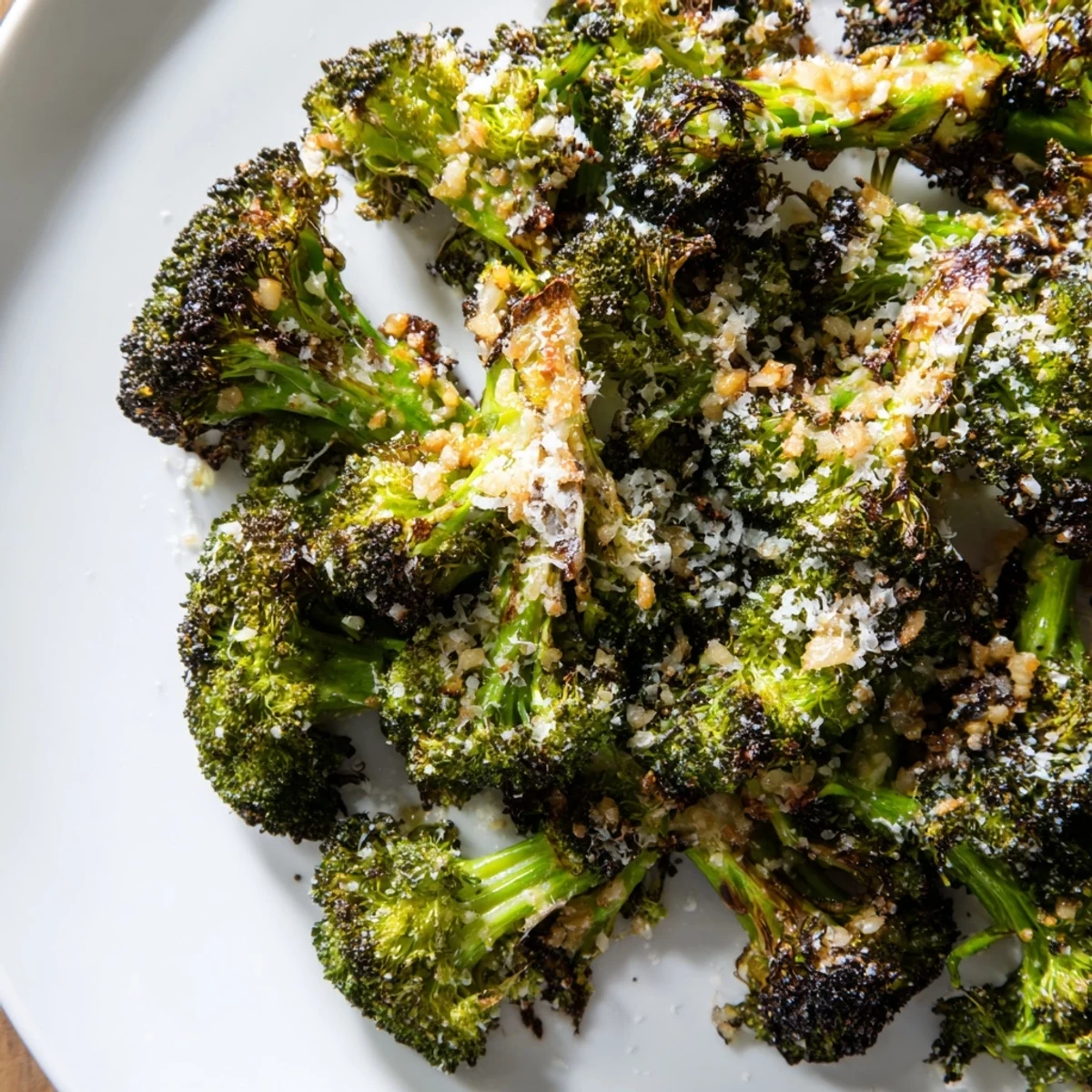 A close-up of Roasted Broccoli with Garlic and Parmesan Cheese, highlighting melted Parmesan and olive oil glistening on charred florets.