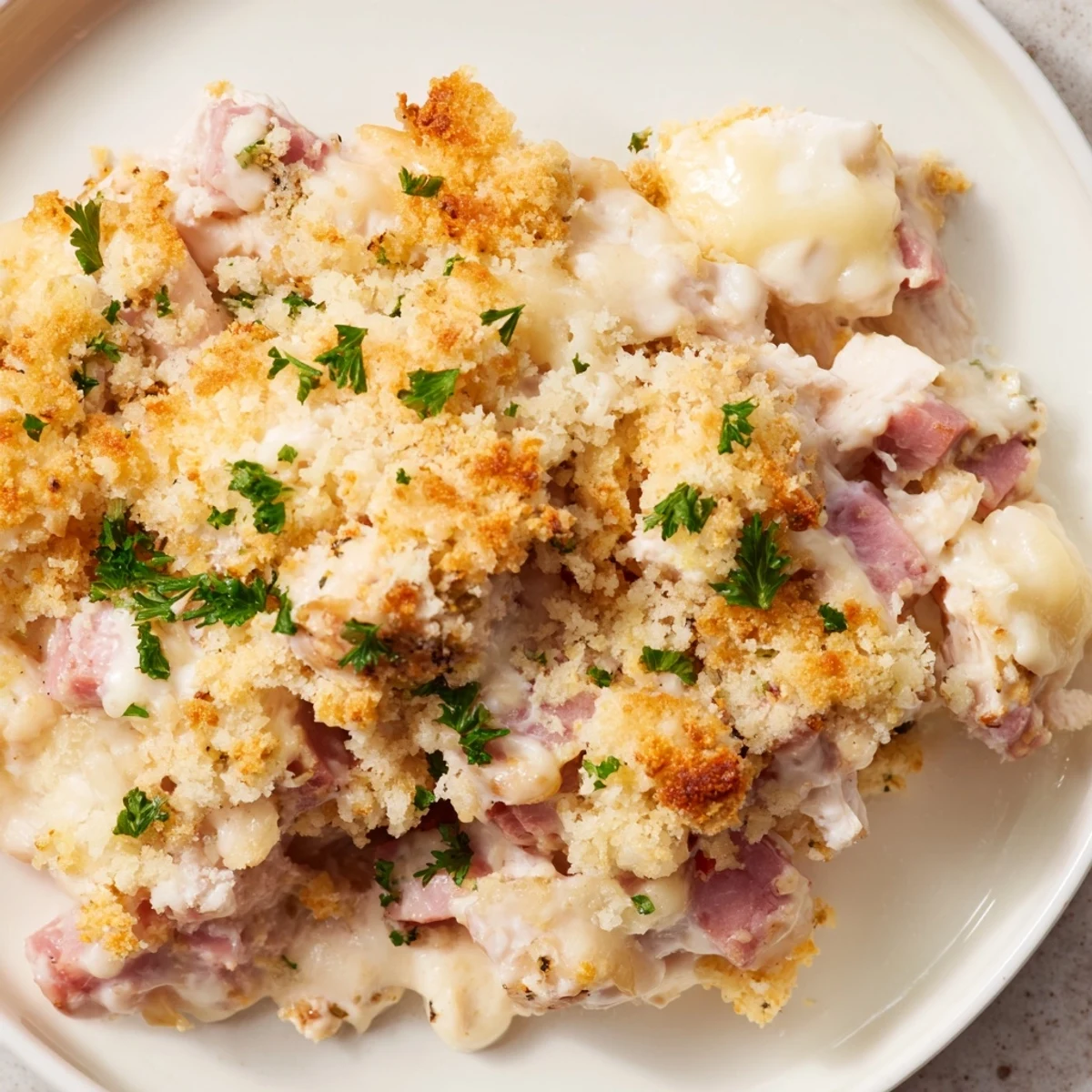 Golden-brown Chicken Cordon Bleu Casserole with Breadcrumbs bubbling from the oven with melted Swiss cheese.