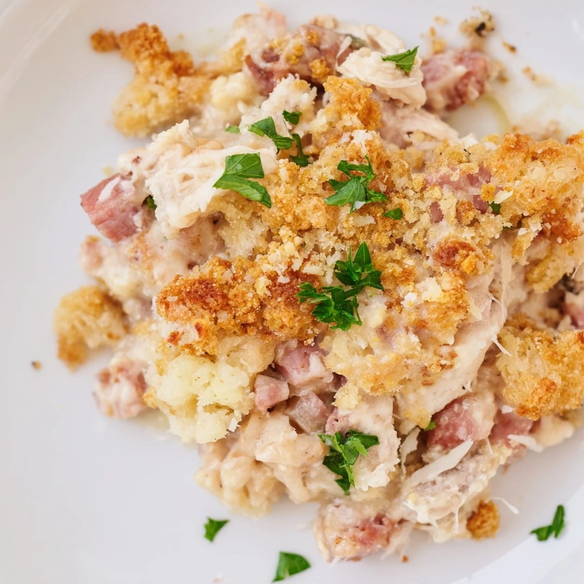 Spoon serving of creamy Chicken Cordon Bleu Casserole with Breadcrumbs onto a plate with green salad.