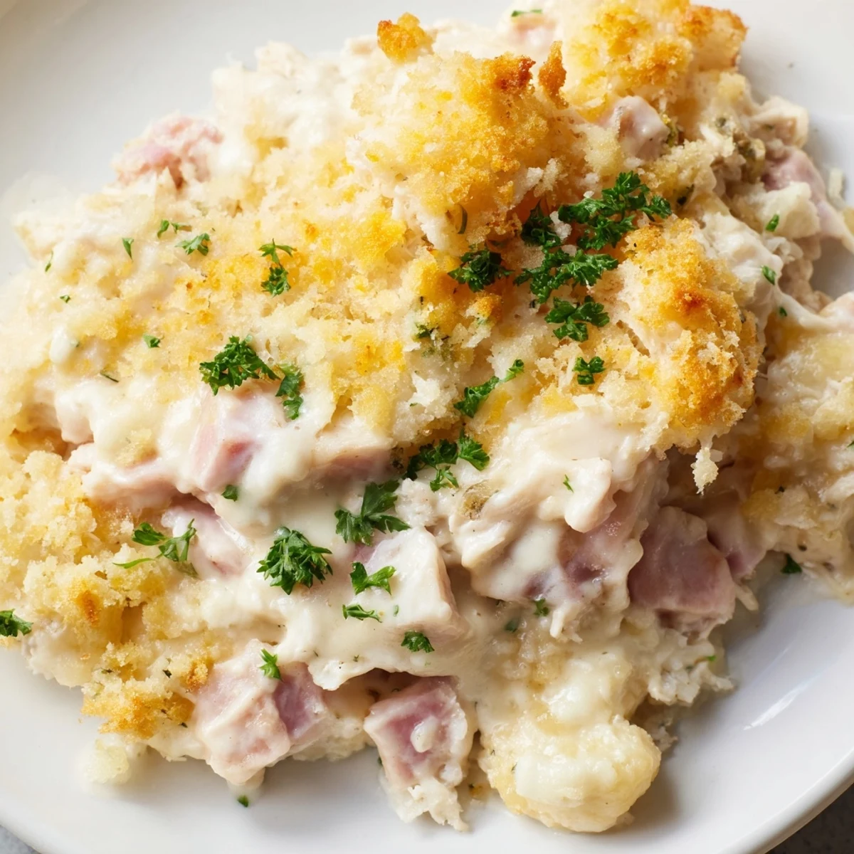 Close-up of crunchy breadcrumb topping on Chicken Cordon Bleu Casserole revealing layers of ham and chicken.