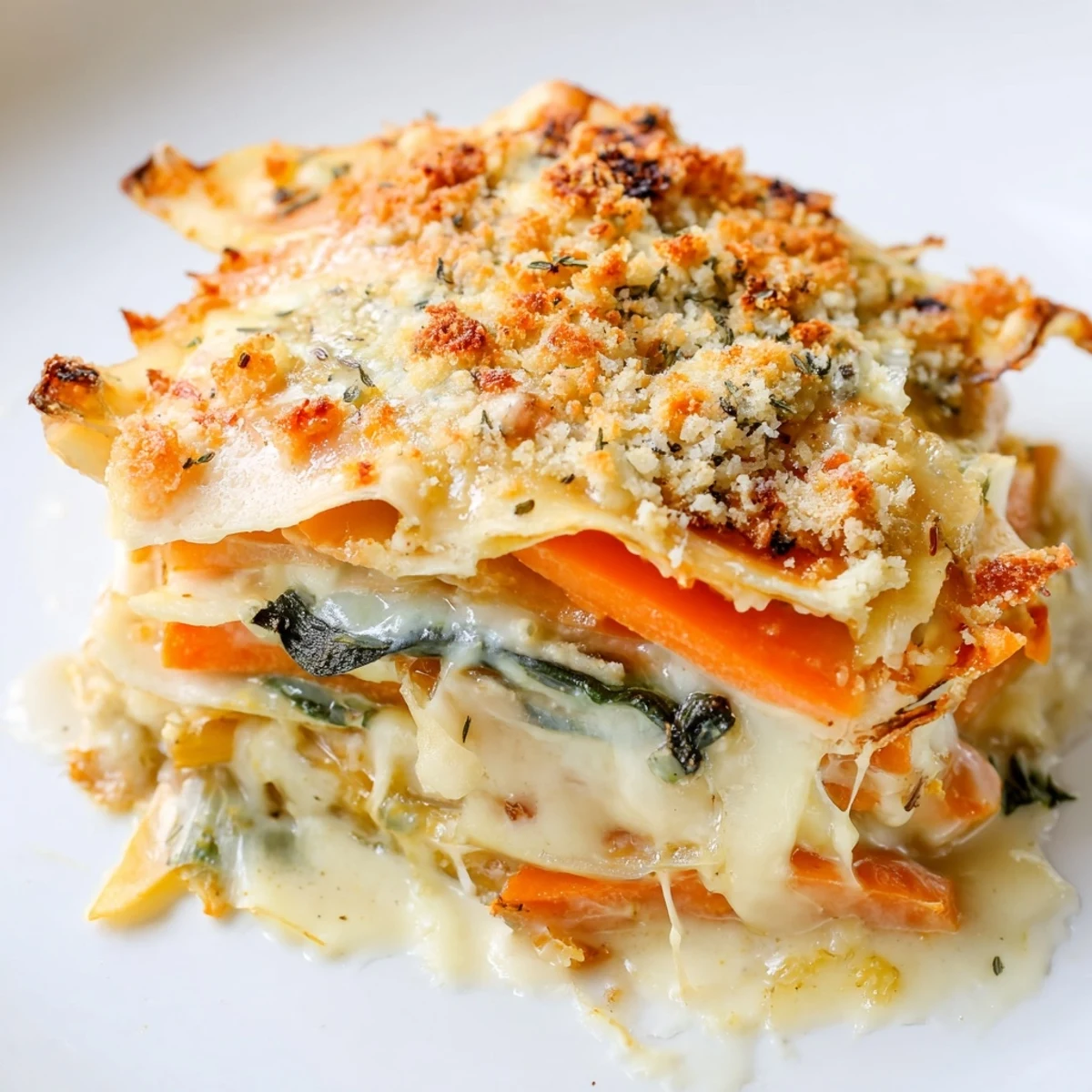 Freshly baked Winter Vegetable Gratin with Gruyere Cheese bubbling from the oven, featuring golden, crispy breadcrumbs atop creamy layers of parsnips and squash.
