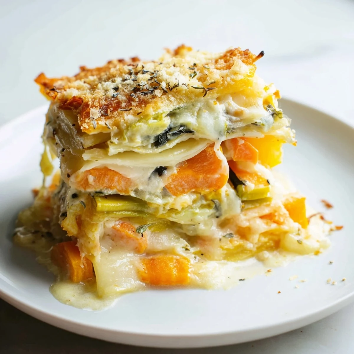 Sliced Winter Vegetable Gratin with Gruyere Cheese plated for dinner, showcasing tender carrots and leeks swimming in a rich, garlic-infused cream sauce.