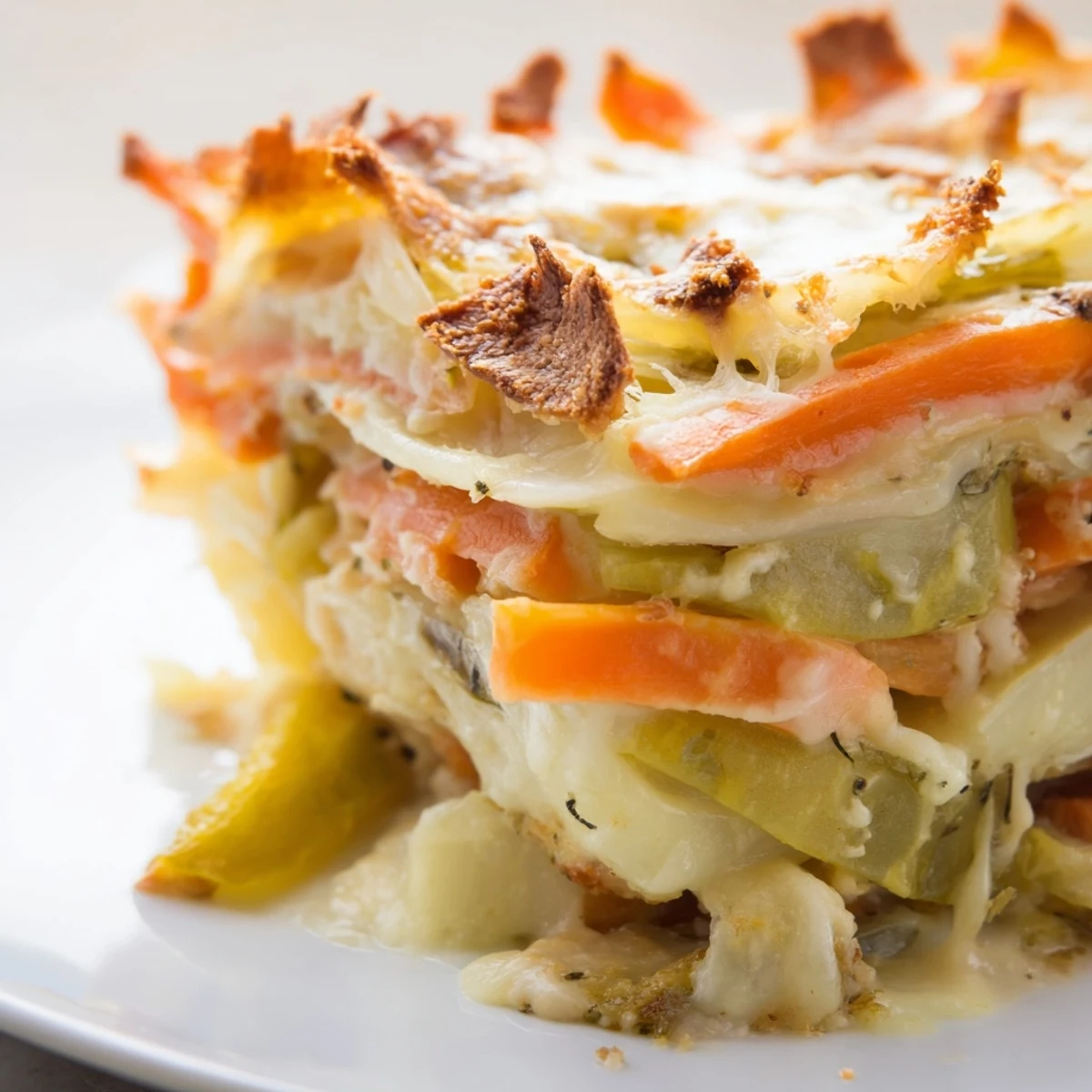 A close-up of Winter Vegetable Gratin with Gruyere Cheese served on a rustic table, highlighting melted cheese strings and a garnish of fresh thyme.