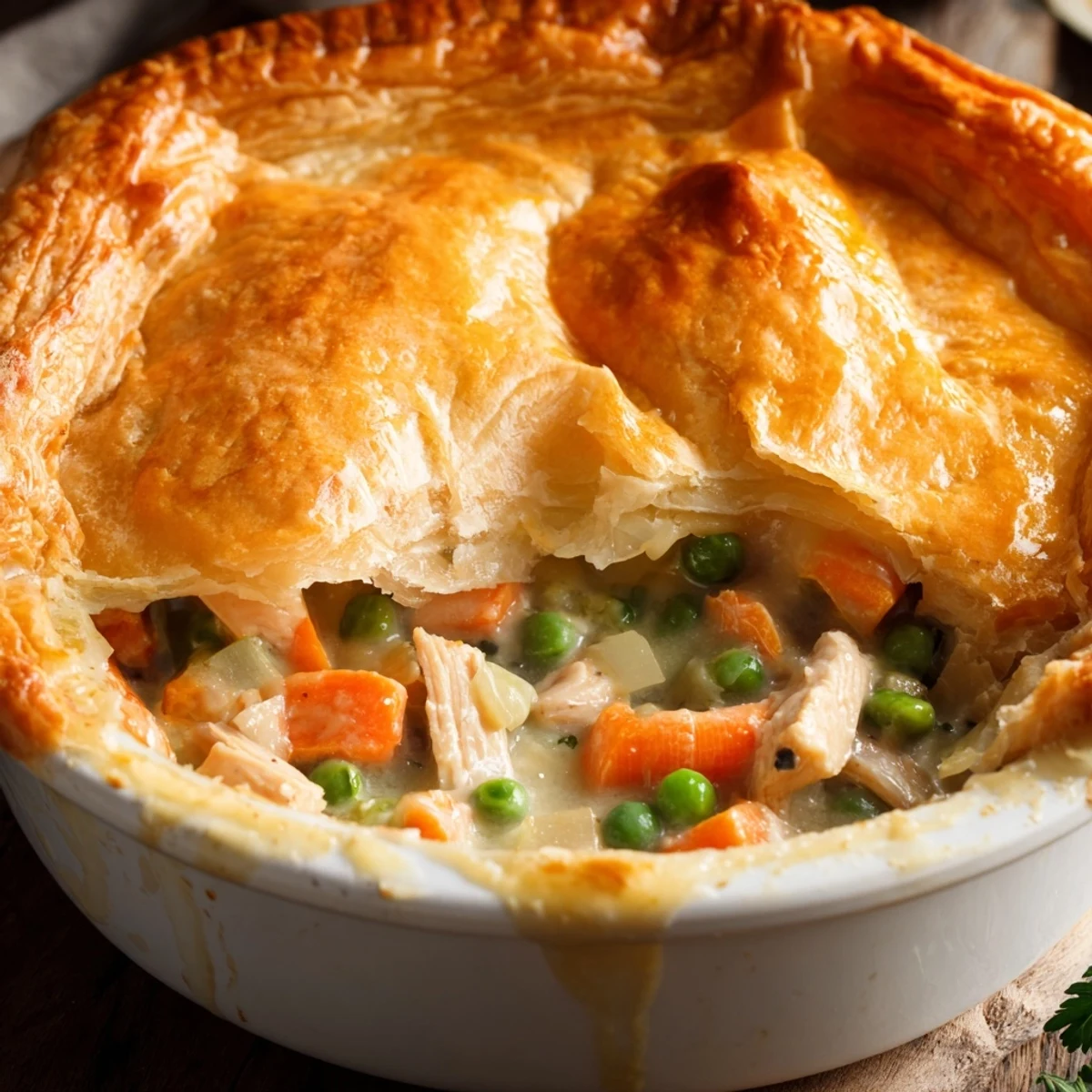 Golden, flaky puff pastry covers a creamy turkey pot pie filling with peas and carrots.
