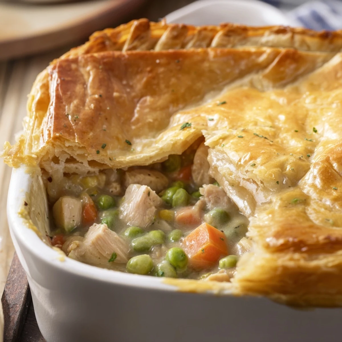 Fresh thyme garnishes the baked crust, served hot in a white ceramic pie dish.