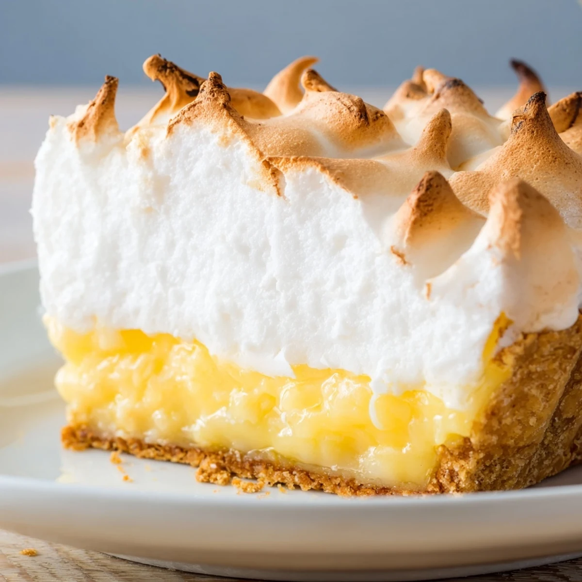 Freshly baked Lemon Meringue Pie with a golden, toasted graham cracker crust sits on a marble countertop.