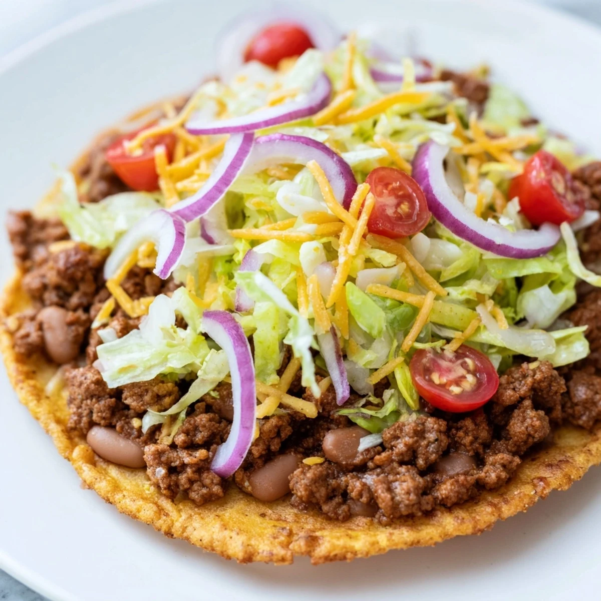 A close-up shows hearty Beef Tostadas topped with shredded lettuce, diced tomatoes, and a sprinkle of melted cheese.