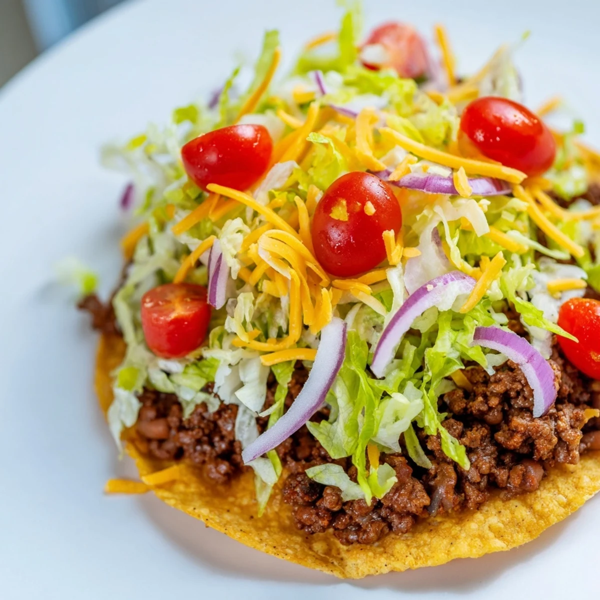 Crispy tostada shells are layered with creamy refried beans and savory seasoned ground beef for these Beef Tostadas.