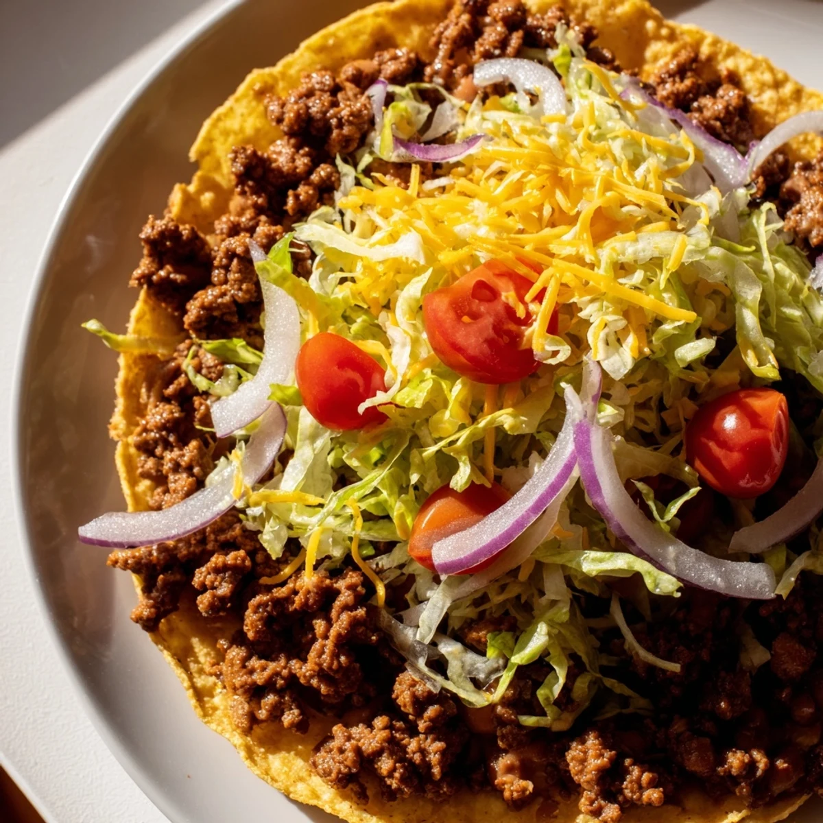 Freshly assembled Beef Tostadas are garnished with cilantro and served with lime wedges on a rustic wooden table.