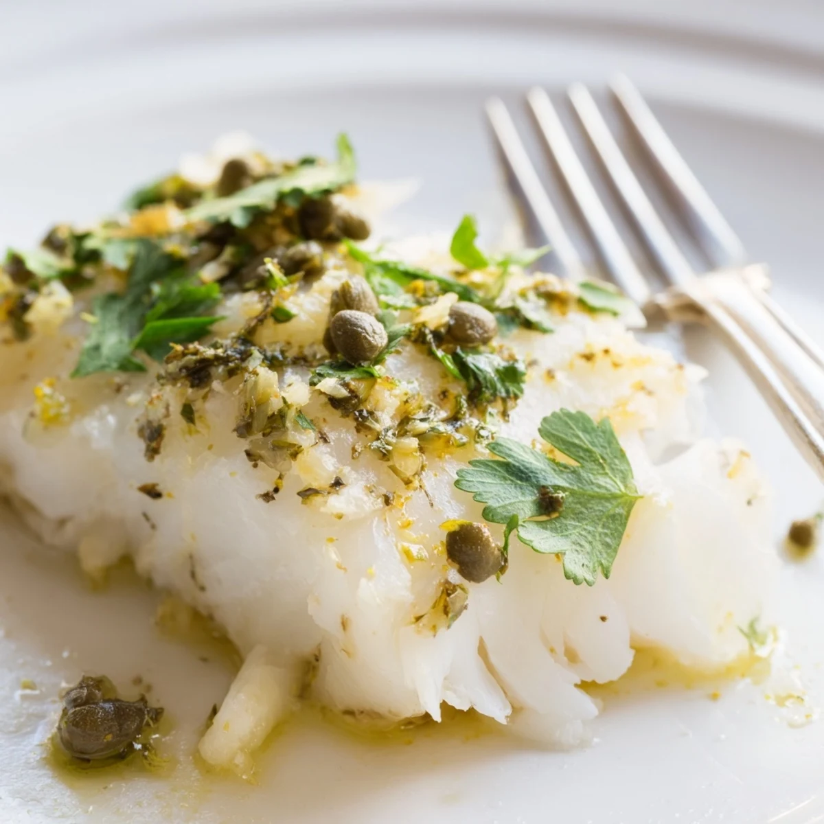Fork-tender Baked Haddock with Lemon and Capers resting on a white plate, garnished with fresh parsley. 