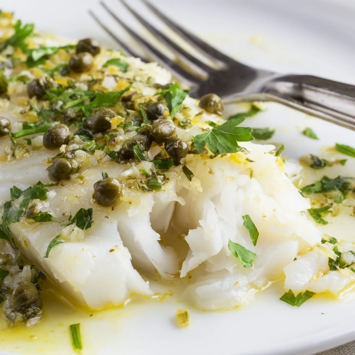 Golden Baked Haddock with Lemon and Capers flaking beautifully, served alongside roasted potatoes. 
