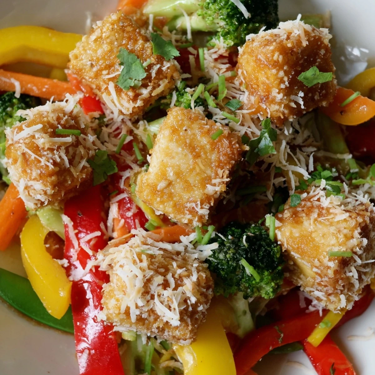 Golden, coconut-crusted tofu cubes sit atop vibrant stir-fried broccoli, peppers, and snap peas.