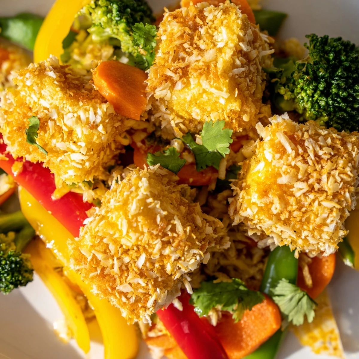 Crispy Coconut Tofu with Stir Fry Vegetables is plated over steamed jasmine rice with lime wedges.