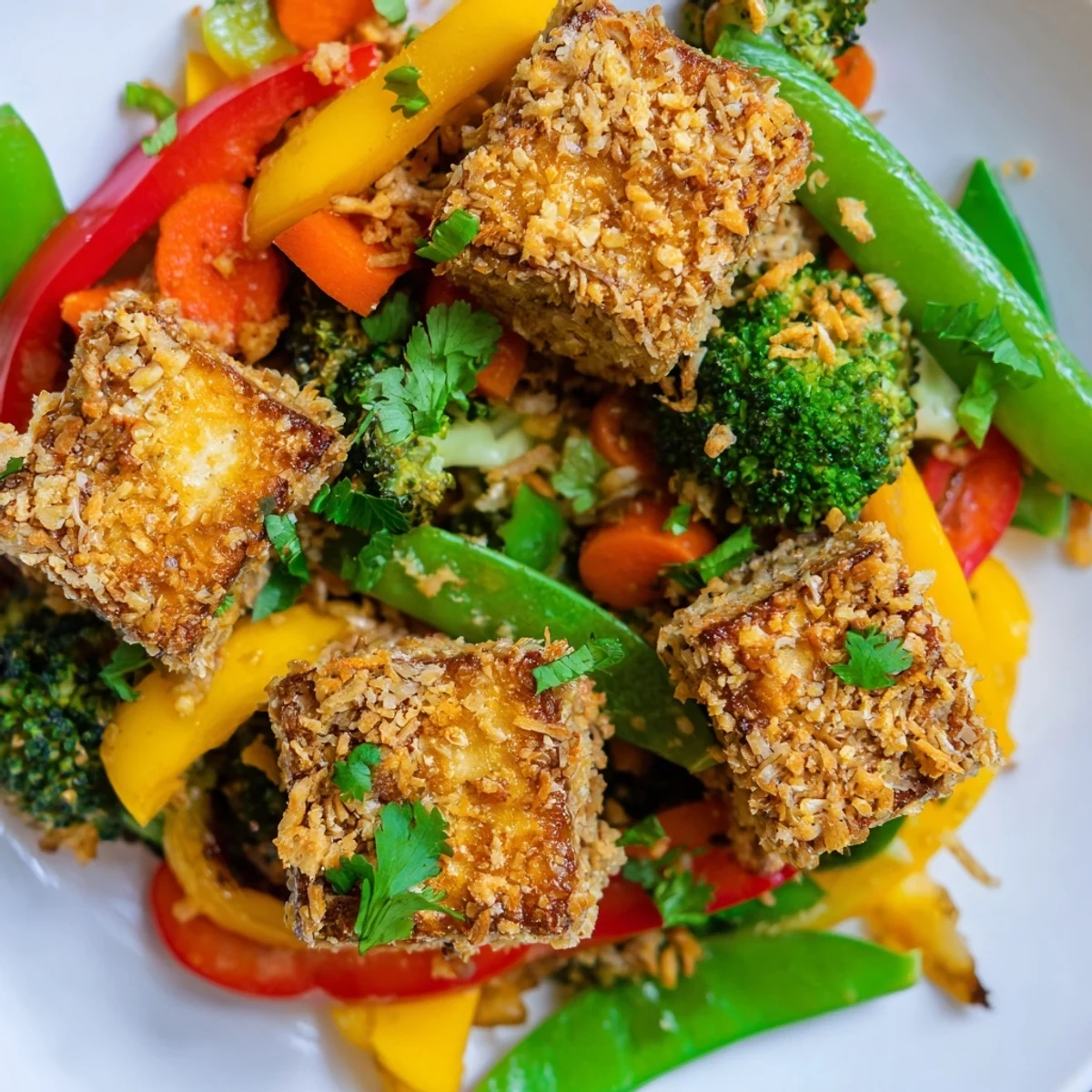 Pan-fried Crispy Coconut Tofu with Stir Fry Vegetables glistens with a tangy soy-ginger glaze.