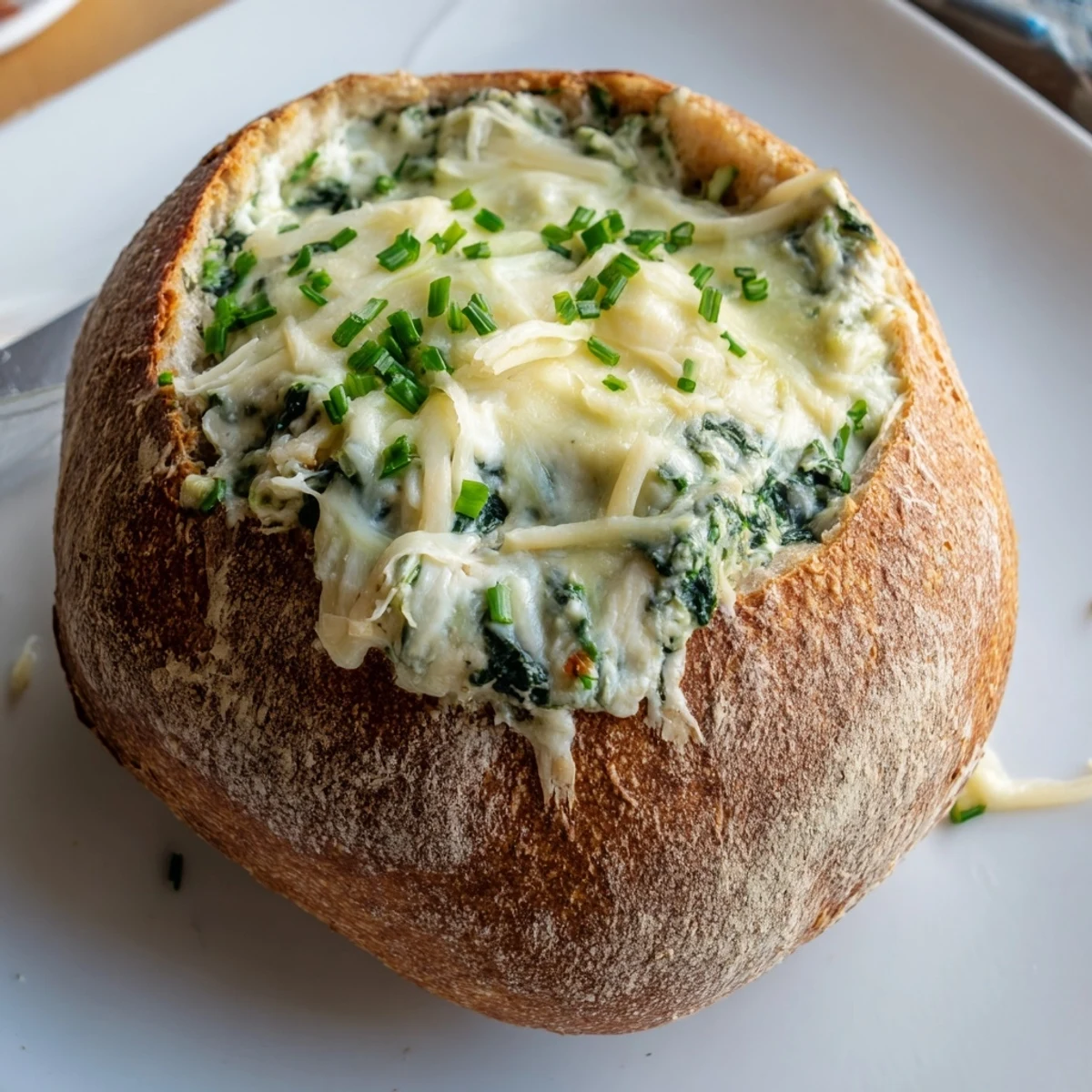Golden-baked Creamy Spinach Dip bubbling in a sourdough bread bowl, with toasted cubes ready for dipping.