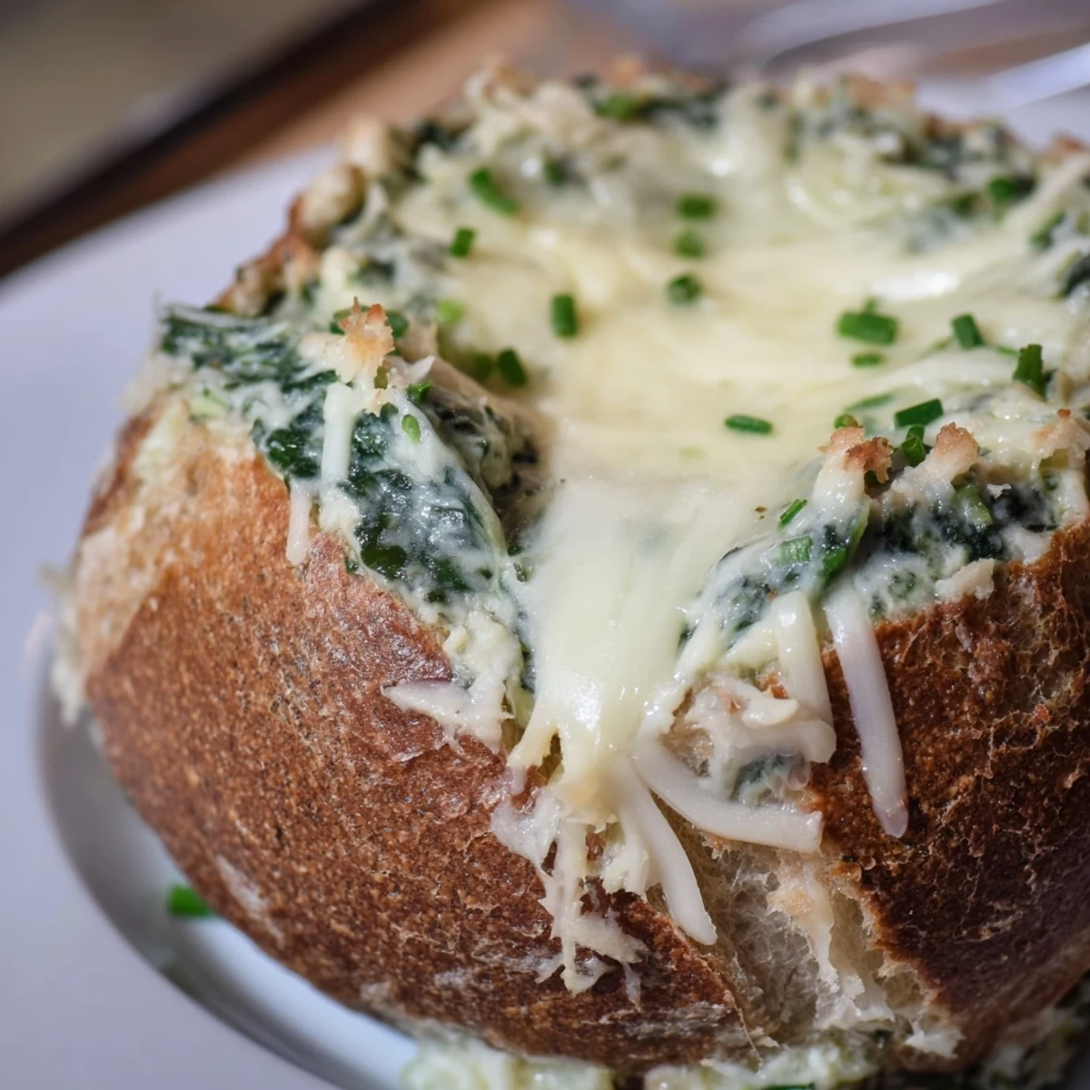 Freshly baked Creamy Spinach Dip in a sourdough bread bowl, garnished with chives and ready for a party.