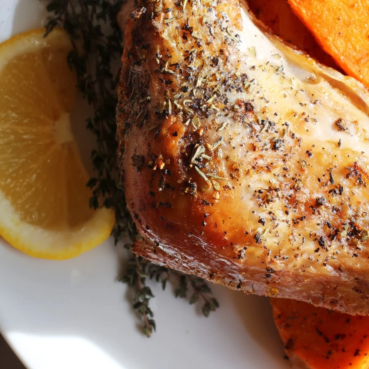 Golden-brown turkey pan roast with carrots and onions, glistening with pan juices for a comforting dinner.