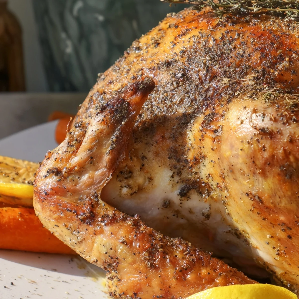 Juicy turkey pan roast on a bed of caramelized carrots, celery, and onions, steam rising.