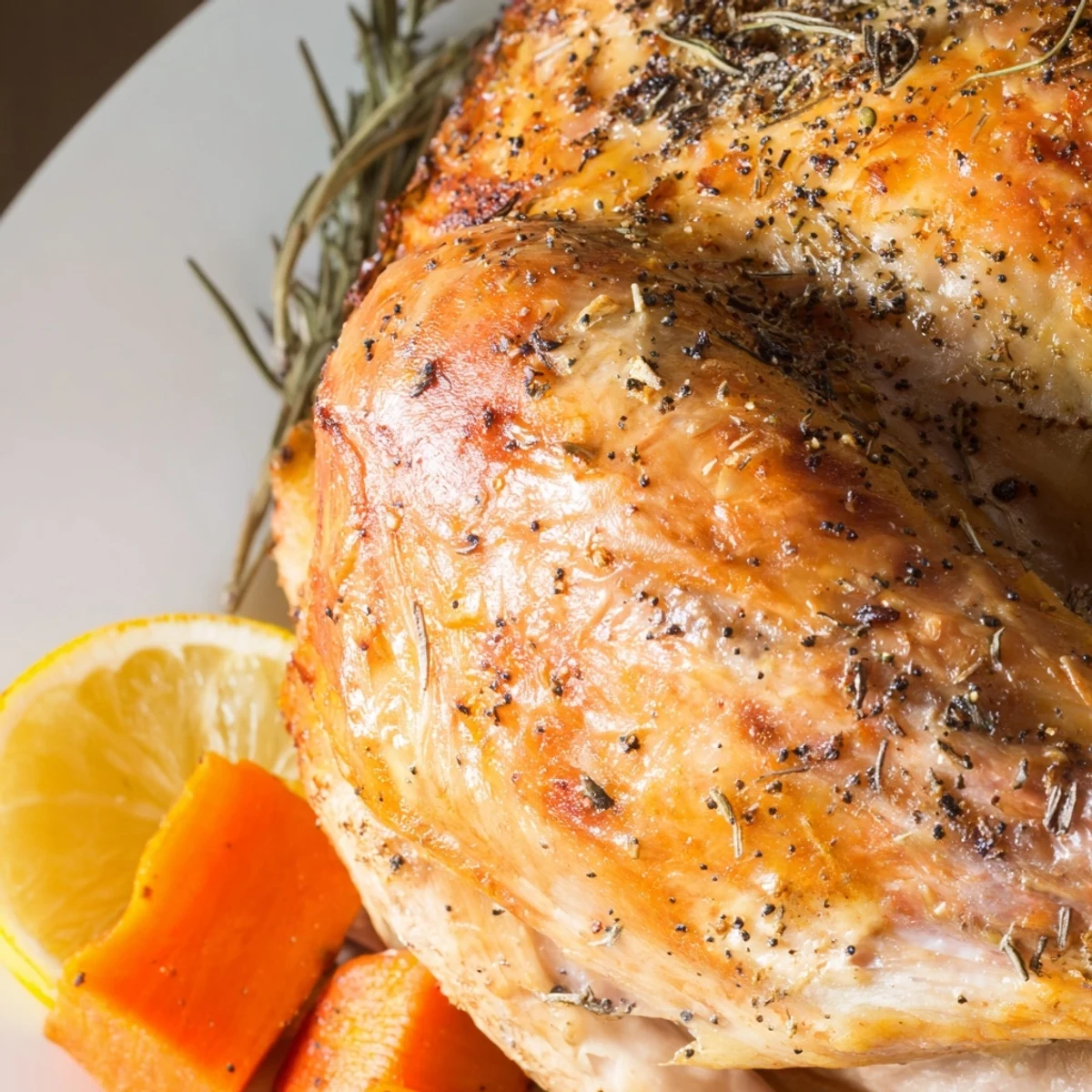 Sliced turkey pan roast served with roasted vegetables and lemon on a rustic platter.