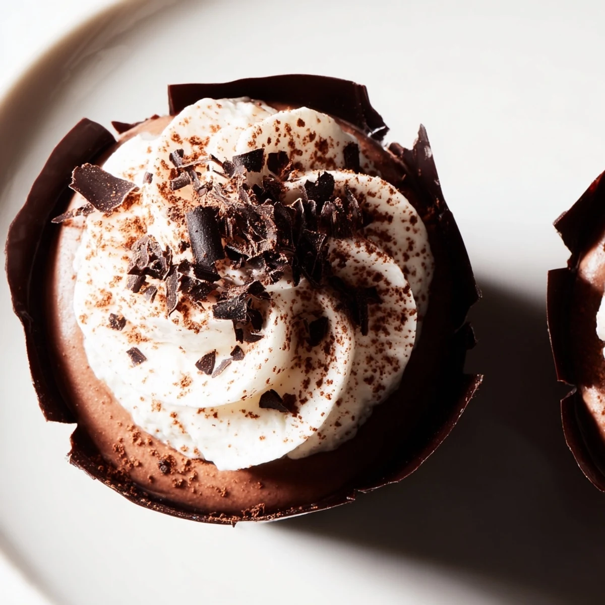 A single decadent chocolate dessert cup sits on a dark plate, topped with fluffy whipped cream and cocoa powder, perfect for Valentine's Day.