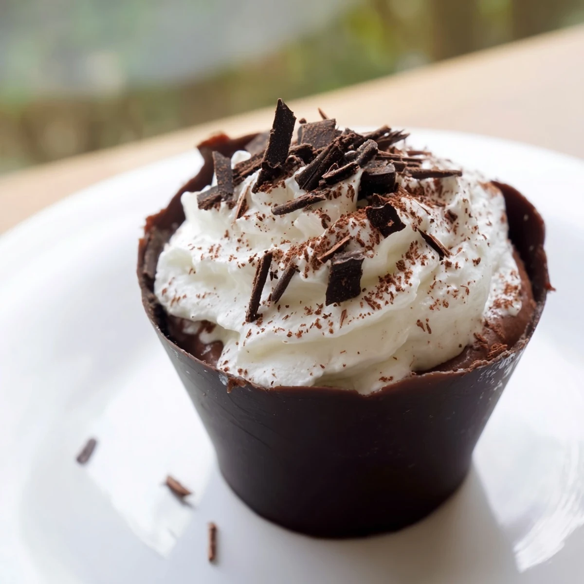Close-up of a chocolate dessert cup revealing creamy mousse texture, a crisp dark chocolate shell, and a sprinkle of chocolate shavings.