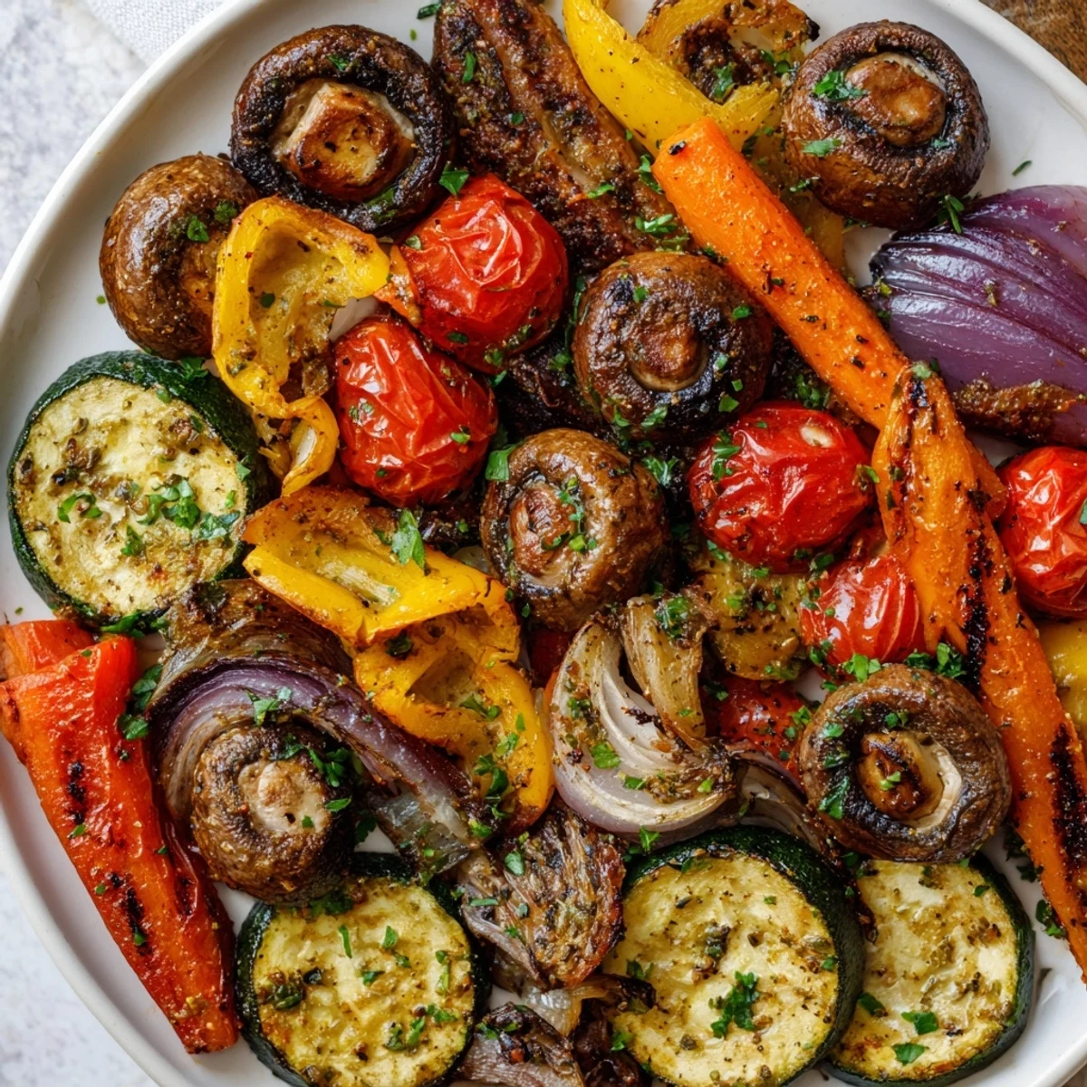 A hearty platter of Roasted Vegetable Mix, featuring golden red bell peppers and zucchini with fresh parsley garnish.