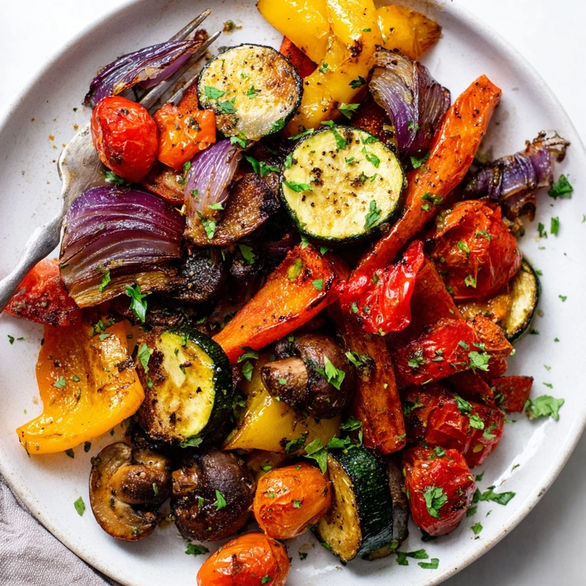 Savory Roasted Vegetable Mix served warm over quinoa, a perfect gluten-free and vegan side dish for dinner.