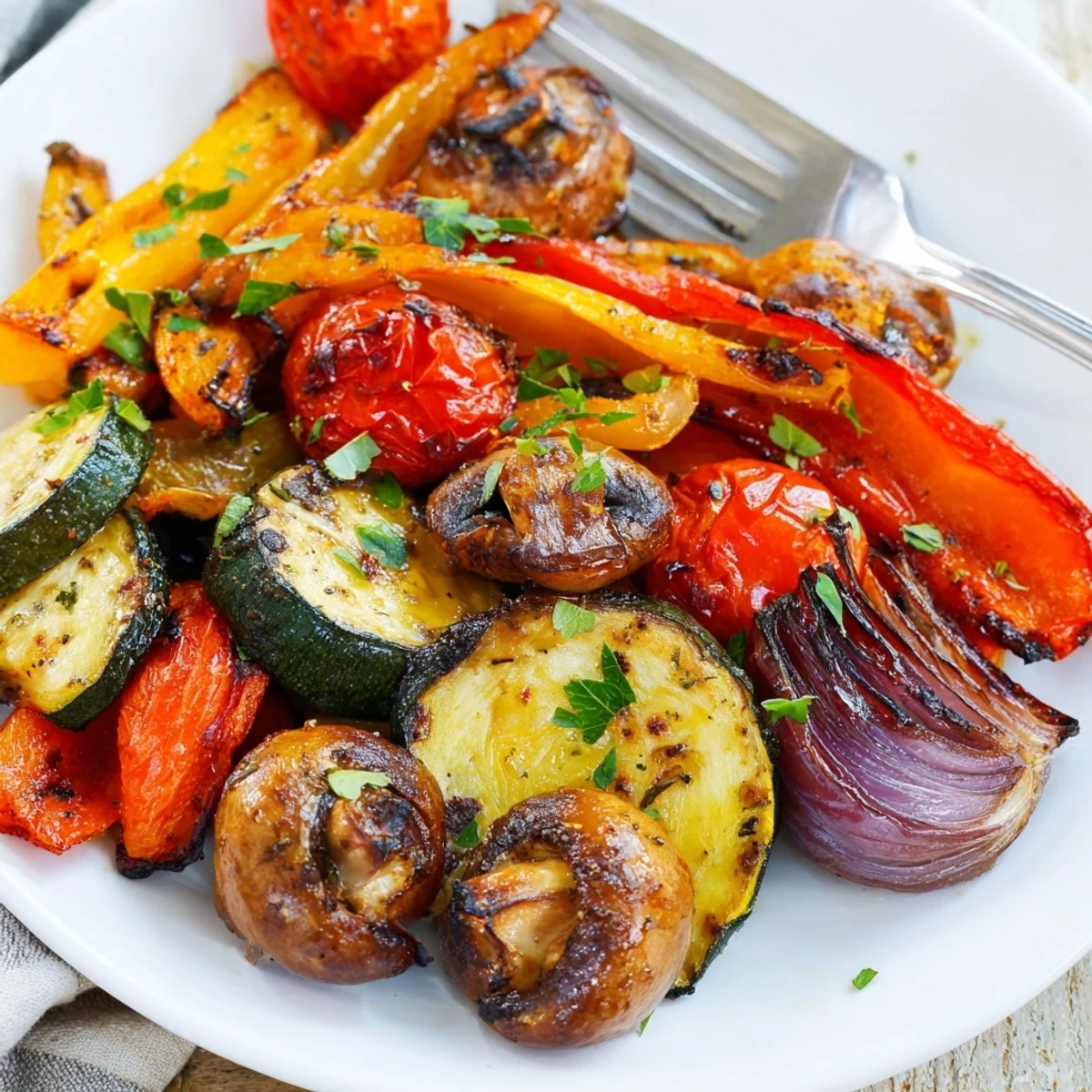 Colorful Roasted Vegetable Mix on a baking sheet, with caramelized onions and tomatoes straight from the oven.