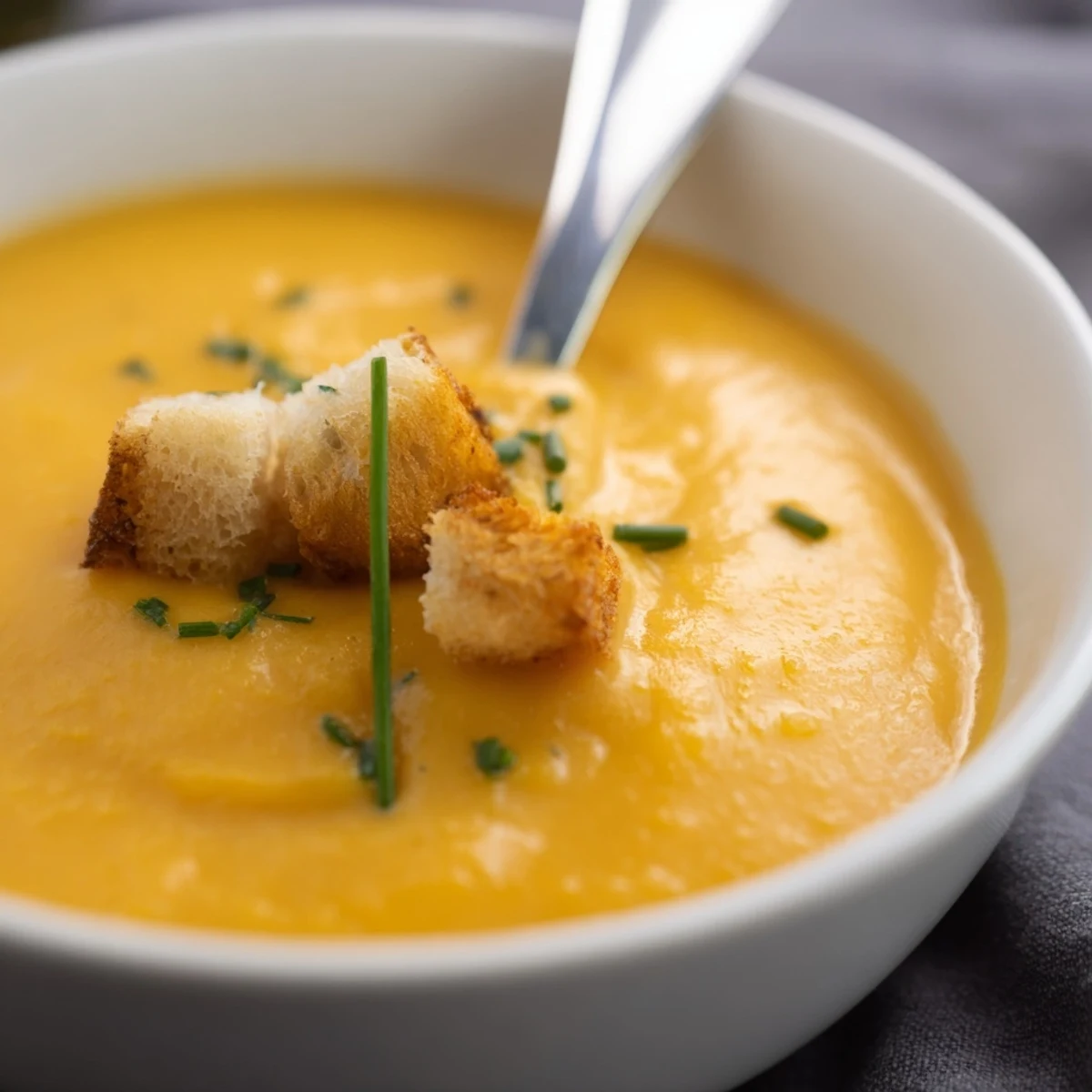 Close-up of a Creamy Soup Bowl topped with fresh chives and crunchy croutons, steaming warmly on a rustic table.