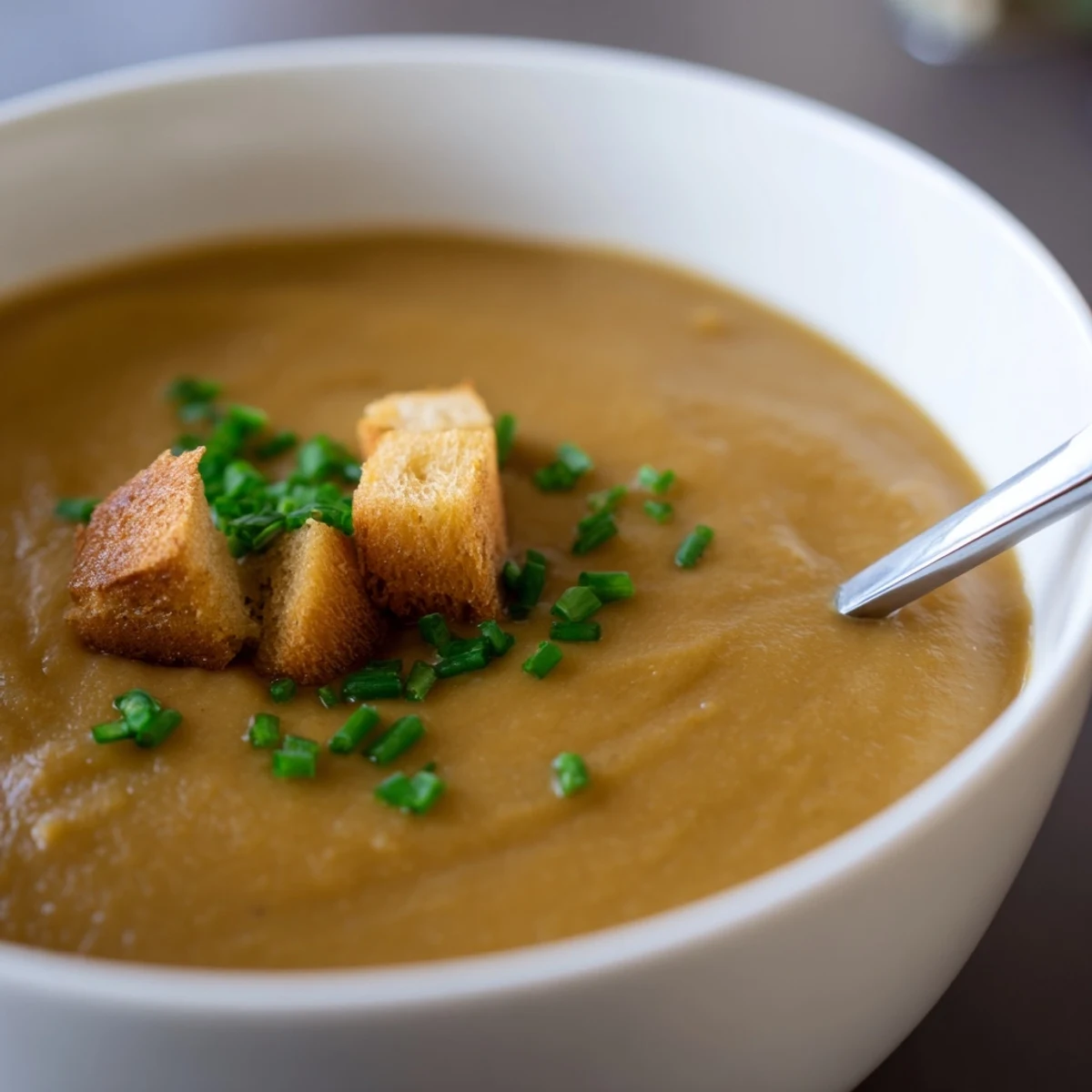 A beautiful Creamy Soup Bowl garnished with parsley and a drizzle of cream, served with toasted bread.
