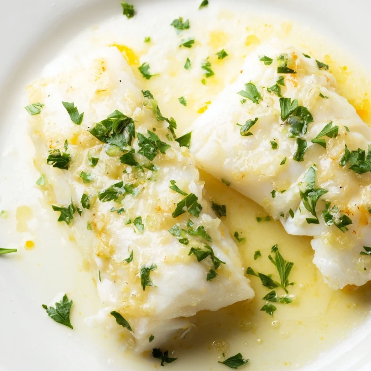 A close-up of Baked Fish with Lemon Butter reveals flaky white texture, bright lemon slices, and minced garlic.