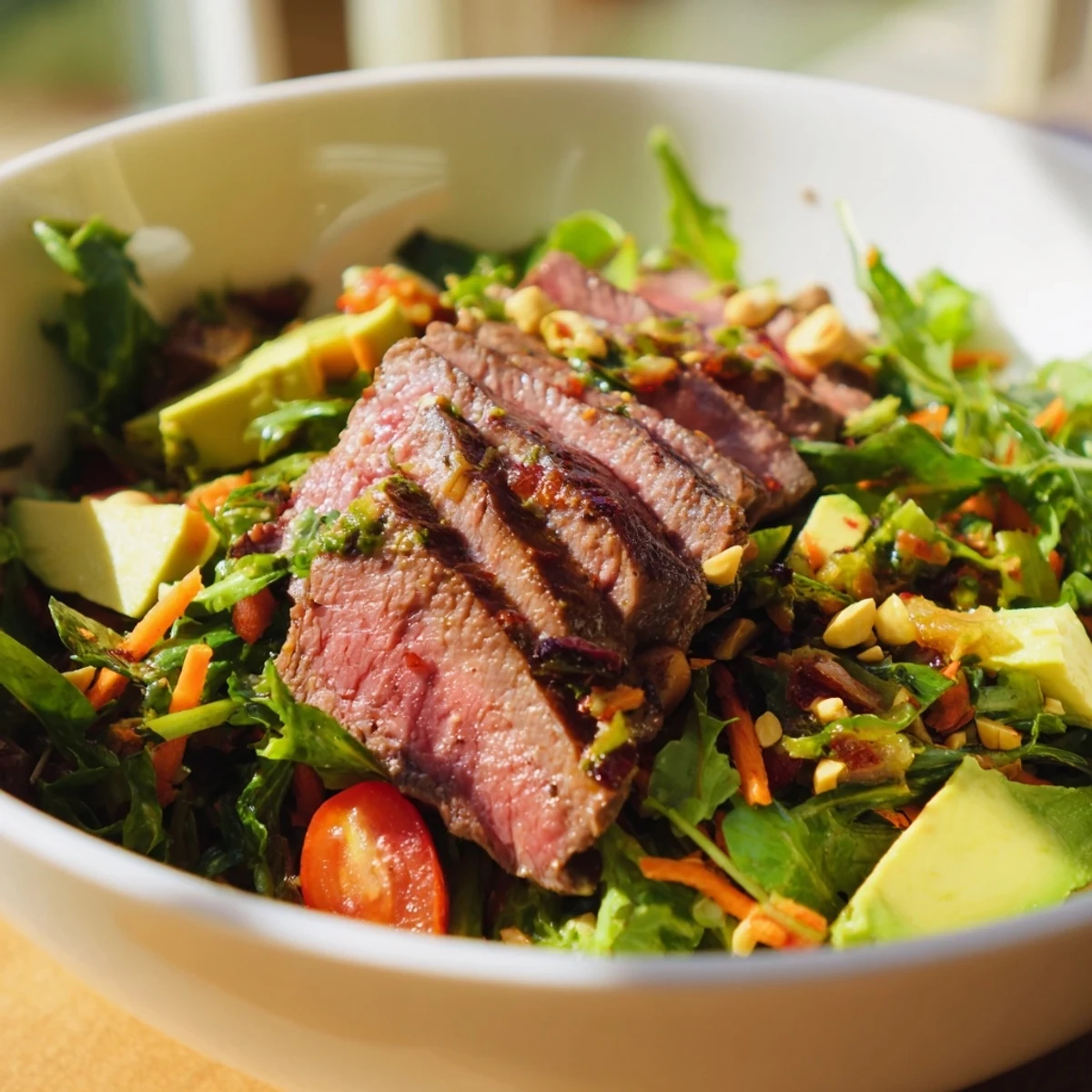 Colorful Beef Salad Bowl featuring julienned carrots, red bell pepper, and creamy avocado slices with a drizzle of zesty lime dressing.