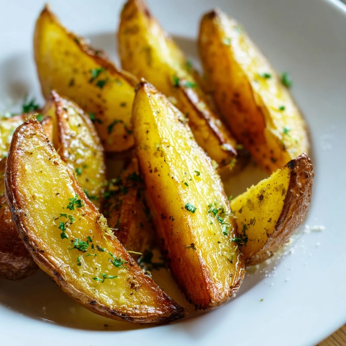 Crispy Lemon Potato Wedges served hot with lemon wedges and fresh parsley garnish.